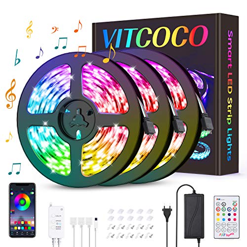 VITCOCO Striscia LED Bleutooth, Striscia LED Musica 12M 5050 RGB 360 Leds Controllata da Bluetooth+Tasti Telecomando+Interruttore, Luminosità Regolabile Nastri Led Retroilluminazione per Decorazione