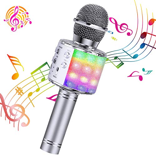 ShinePick Microfono Karaoke, 4 in 1 Bluetooth Wireless Microfono Portatile Karaoke Player con Altoparlante per Android/iOS, PC e Smartphone (Argento)