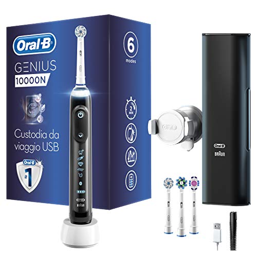 Oral-B Genius 10000N Spazzolino Elettrico Ricaricabile con 1 Manico Nero Notte Connesso, 6 Modalità tra cui Sbiancante e Denti Sensibili, 2 Testine di Ricambio, 1 Custodia da Viaggio Smart