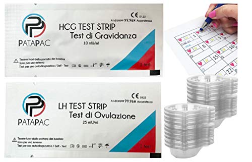 PataPac 20 Test Ovulazione Canadesi 25 mIu/ml + 3 Test beta Hcg di Gravidanza 10 mIu/ml + 20 Bicchierini per urina e calendario per monitorare ciclo e ovulazione