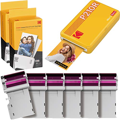 Kodak Mini 2 Stampante foto per smartphone, 6 Cartucce incluse, Istantanee formato 54x86mm, Wireless, Portatile e compatibile iOS e Android - Gialla