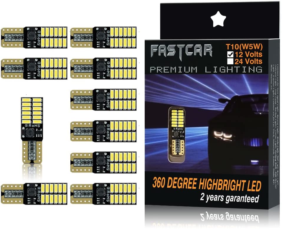 Fastcar 10pcs 194 W5W T10 led canbus no error cuneo lampadine 24 leds 4014SMD Luci di posizione Piastra lampada auto Gioca Car interno 6500k 12V (Bianca)