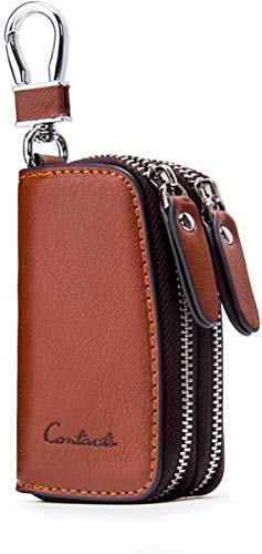 Contacts Vera Pelle doppio Car Key Case Zipper raccoglitore del supporto di borsa portachiavi moneta Marrone