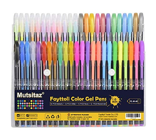 Mutsitaz Set di 48 Penne Gel Colorate -12 Glitter, 12metallico,12neon Glitterato,12 Pastello - per colorare Libri per Adulti e marcatori per disegnare by