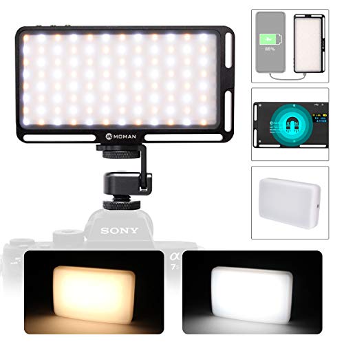 Moman Faretto-LED-Video-Luce-Reflex con Diffusore, Luce DSLR Fotocamera con Funzione di Caricatore Portatile 190g, Dimmerabile Bi-Color 3000-6500K, TLCI/CRI 96+, Cavo Tipo-C Incluso