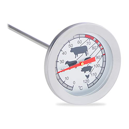 Relaxdays 10022814 Termometro analogico, arrosto Grill, Acciaio Inox Termometro per la carne, 20 cm, Argento