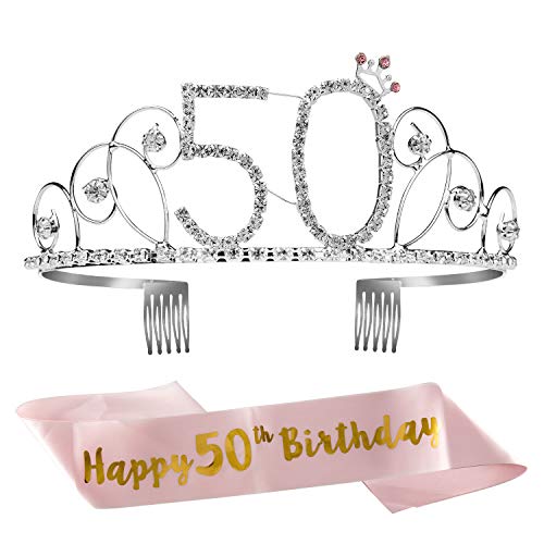 ZWOOS 50 Anni Birthday Corona Compleanno Compleanno Ragazza Glitter Decor Cristallo con Fascia Compleanno di Compleanno Donna Tiara per Feste di Compleanno