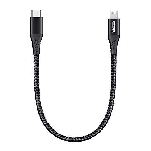 ESR Cavo USB-C a Lightning [Certificato MFi] 20cm in Nylon, Carica Rapida Compatibile con iPhone 12 Mini/12/12 Pro/12 Pro MAX/SE 2020/11/11 Pro/11 PRO Max/XR/XS/X, da Usare con Caricatori Type-C, Nero