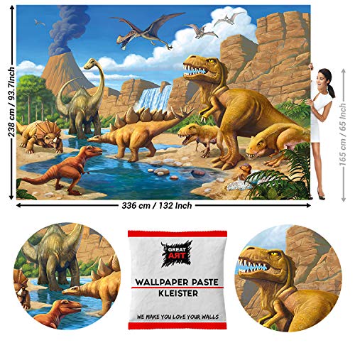 GREAT ART Carta da ParatiCamera dei bambini – Dinosauro per bambini Decorazioni pareti Mondo dei dinosauri stile cartone animato avventure – 336 x 238 cm 8 pezzi e colla inclusa