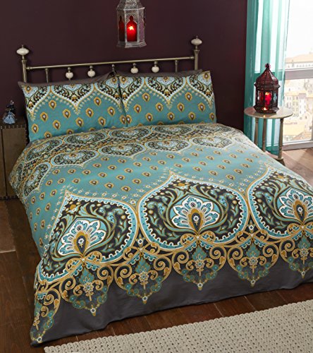 Asha - Set Copripiumino Matrimoniale e 2;federe design indiano, color smeraldo, set biancheria da letto, colore verde/foglia di tè, letto king size