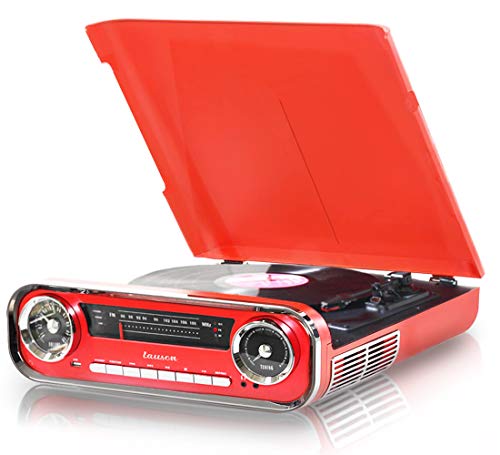 Giradischi Designer Auto d'epoca 2 altoparlanti stereo da 3W integrati lettore lp con radio FM, funzione Bluetooth, USB, AUX | 3 velocità (33, 45, 78) Lauson 01TT17 (Rosso)