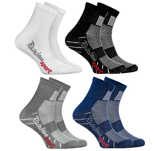 Rainbow Socks - Ragazza Ragazzo Colorate Calzini Sportivi di Cotone - 4 Paia - Bianco Grigio Blu Negro - Taglia 30-35