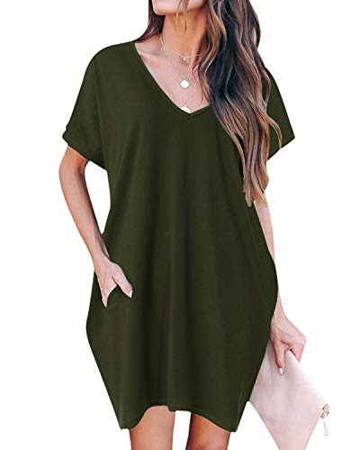 ZANZEA Donna Abito Casual Manica Corta Estate Allentato Vestito Camicette Scollo V Tunica Vestito Cocktail 00-Armée Verte S