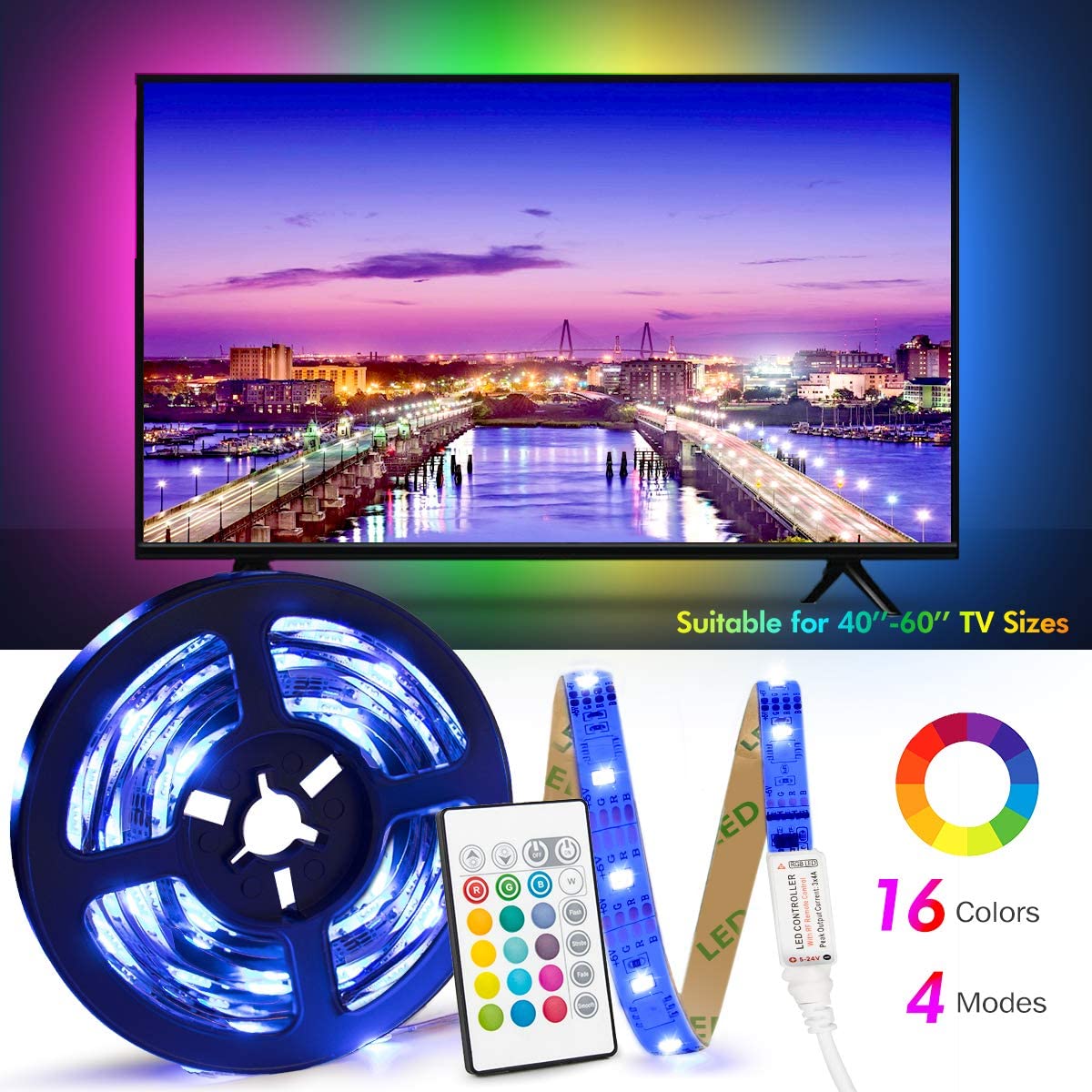 Retroilluminazione TV LED ad USB di Lunghezza 2.4M Adatto per HDTV da 40-65 Pollici, 24 Tasti Telecomando ad Infrarossi in Grado di telecomandare Striscia Luminosa a LED, RGB 5050 Luce con 16 Colori