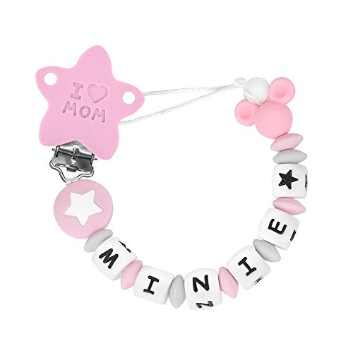 I LOVE MOM - Catenella Portaciuccio con nome,Stella Catenelle porta Succhietto,Neonato Silicone Dentizione Porta Massaggiagengive Ciuccio Catena Ragazzo Ragazze Baby Shower Regali