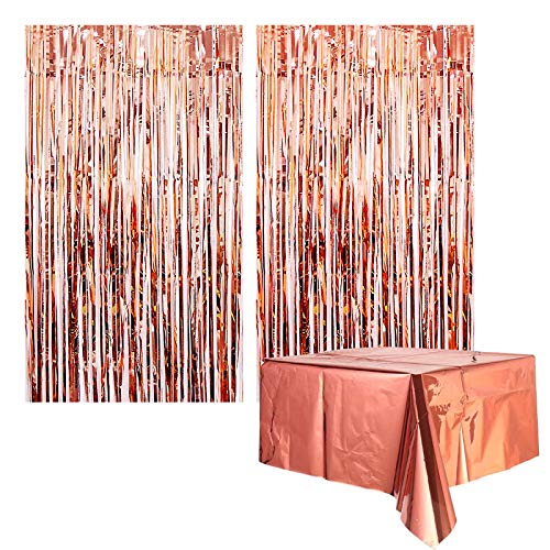 Yisscen Tende con frange, Tenda in lamina, Tenda in nappa metallizzata, 2 Pezzi Tende Metalliche + Tovaglia in lamina 1 pezzo, Per compleanno Matrimonio Halloween Festa di laurea di Natale (Oro rosa)