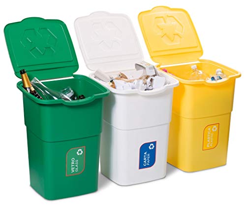 Tris mastelli pattumiera contenitori componibili 3PZ x 50LT per raccolta differenziata rifiuti immondizia bidoni secchio colorati bianco giallo verde con adesivi vetro carta plastica