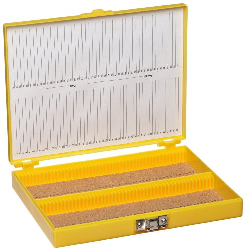 Heathrow Scientific HD15994D - Contenitore per vetrini da microscopio, rivestito in sughero, per 100 vetrini, 208 x 175 x 34 mm, giallo