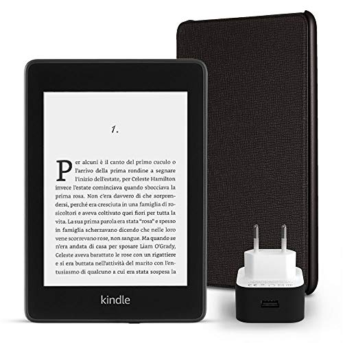 Kit essenziale Kindle Paperwhite, include un e-reader Kindle Paperwhite, 8 GB, Wi-Fi, con offerte speciali, una custodia Amazon in pelle (colore: Nero) e un caricabatteria Amazon Powerfast