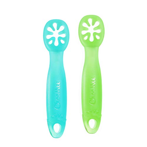 ChooMee FlexiDip Baby Starter Spoon | Platinum Silicone | First Stage Teething Friendly Learning Utensil | 2 CT | Aqua Green