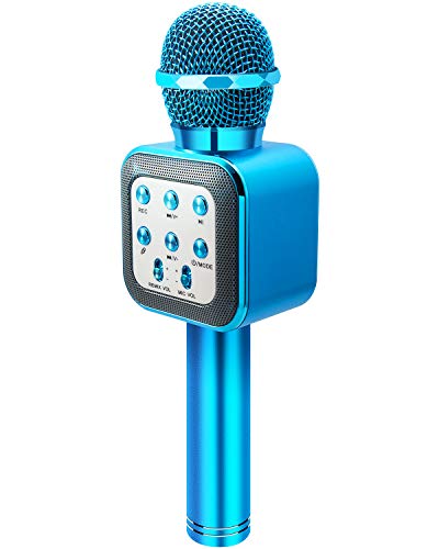 ShinePick Microfono Karaoke, 4 in 1 Bluetooth Wireless Microfono con LED Lampada Flash, Portatile Karaoke Player con Altoparlante per Android/iOS, PC e Smartphone(Blu)