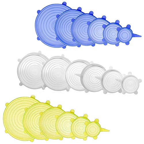 Ldawy Coperchi in Silicone, Confezione da 18 di coperchi Elastici in Silicone riutilizzabili espandibili per Adattarsi a Varie Forme di contenitori, Piatti, Ciotole, Alimenti(Bianco + Blu +Giallo)