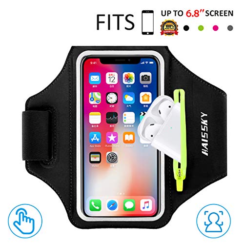 HAISSKY Fascia da Braccio Portacellulare con Titolare Airpods per Correre Sweatproof Fascia Sportiva da Braccio per iPhone 11 Pro Max/11 Pro/XS Max/iPhone XR,Galaxy S10+/S10/S10e/S9 fino a 6.8