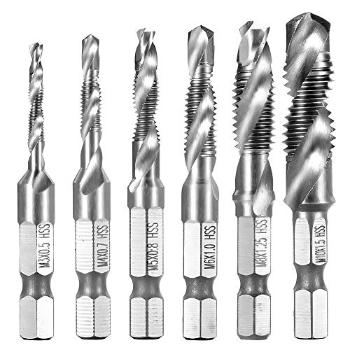 6 Pezzi Punte Trapano, Maschi Countersink Tap Drill Bit HSS Imposta Combinazione Attacco Filettare e Svasare l’imboccatura Innesto Esagonale Standard Titanio Tap Trapano, non per Metallo Duro