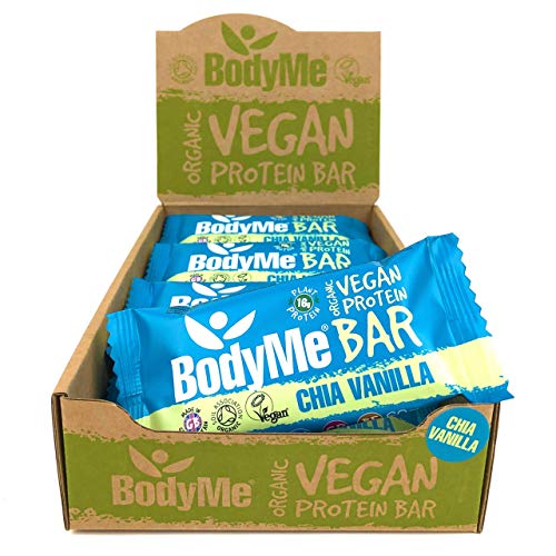 BodyMe Barrette Proteiche Vegan Bio | Cruda Chia Vaniglia | 12 x 60g Barretta Proteica | Senza Glutine | 16g Proteine Vegane Complete 3 Proteine Vegetali Tutti Amminoacidi Essenziali | Snack Proteici