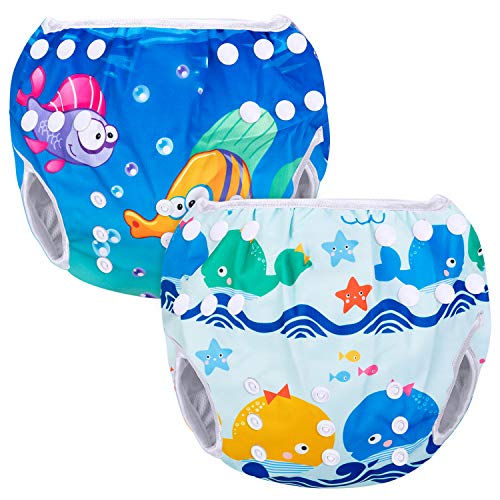 Luxja Riutilizzabile Pannolini da nuoto (Confezione da 2), Costume Pannolino Lavabili, Impermeabile Pannolino Piscina (0-3 anni), balene e pesci