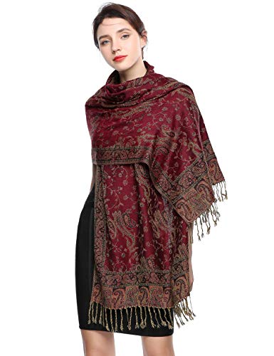 EASE LEAP Sciarpa Pashmina per donna scialle avvolgente caldo di lusso con sensazione di seta Hijab Paisley in colori ricchi con frange 200 * 70cm/(2-Data rosso)