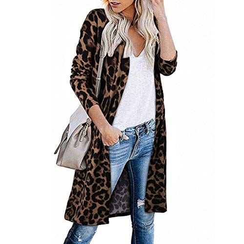Cardigan Leopardato Aperto da Donna | Cappotto Maglione Leggero Manica Lunga Tasche (Marrone, XL)