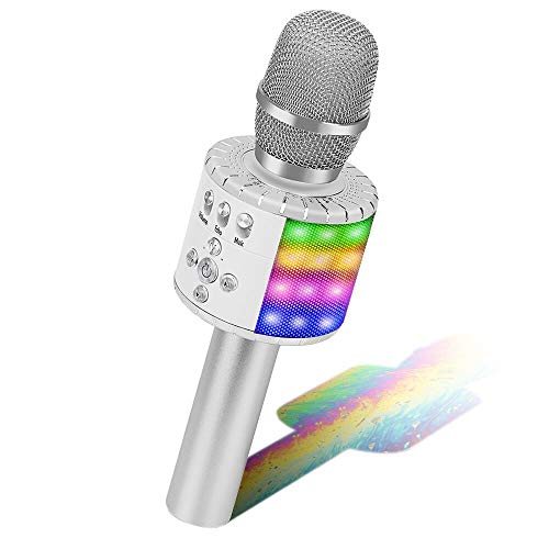 BONAOK Wireless Bluetooth Microfono Karaoke, Microfono Wireless Bambini con luci a LED controllabili, Portatile KTV Karaoke Player Mic per Android/iPhone/iPad/Sony/PC (Argento)