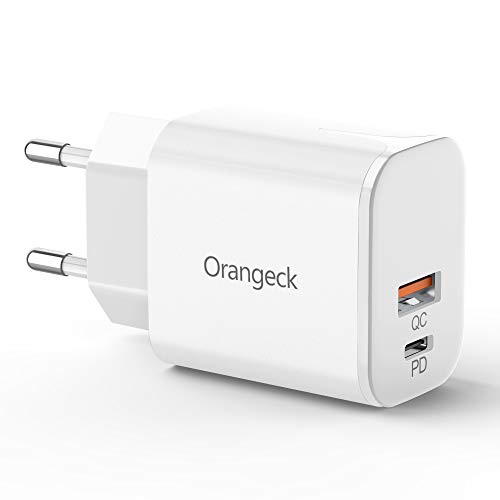 Orangeck USB C Caricatore, 18W Caricatore da Muro con QC3.0 Ricarica Rapida Mini Dual Port Adattatore di Ricarica Compatibile per iPhone 11 PRO X Max, Galaxy S10 S9, iPad PRO e Altro Ancora (White)