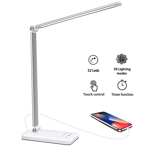 Lampada da Tavolo 52 LED,USB Ricaricabile Lampada da Scrivania,Dimmerabile 10 Luminosità × 5 Modalità,Pieghevole Touch Controllo Lampade per Ufficio,Timer 30/60 Mins,funzione di memoria (Bianco)