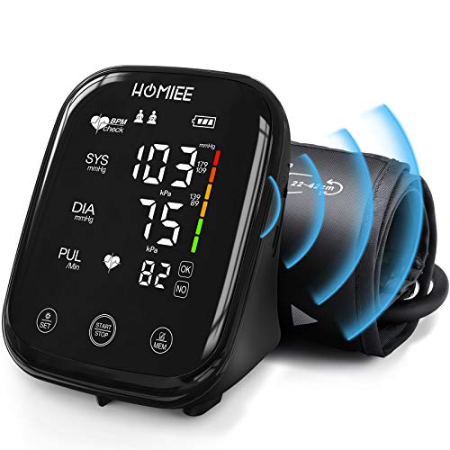 HOMIEE Monitor della pressione sanguigna da braccio con touchscreen retroilluminato a LED da 5 pollici con trasmissione vocale, 2 utenti con 180 ricordi, bracciale da 22-42 cm, batterie incluse