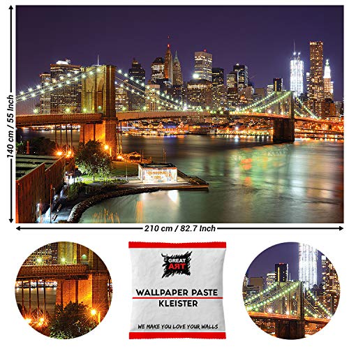 GREAT ART Photo Carta da Parati – Ponte di Brooklyn di notte – skyline di New York City fosforescente USA Big Apple Wall Street – 210 x 140 cm 5 pezzi e colla inclusa