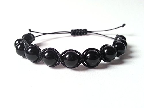 Braccialetto Onice Nero Liscio Unisex, Shamballa il Bracciale Della Felicità, Regolabile Fatto a Mano, Pietre Dure