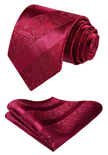 HISDERN Set da uomo classico con cravatta rossa bordeaux fazzoletto da sposa e cravatta quadrata