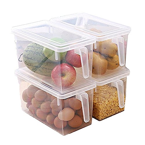 MineSpace - Contenitori in plastica con manico quadrato per alimenti, con coperchio, per frigorifero, armadietto da scrivania (set da 4 pezzi, grandi cestini)