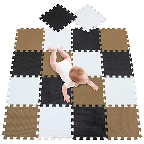 meiqicool Tappeto Gioco Bimbi 30x30cm Set 18 Pezzi, Materiale Isolante, Resistente all'umidità,Tappeto Puzzle con Colori Assortiti Bianco Nero e Marrone 010406