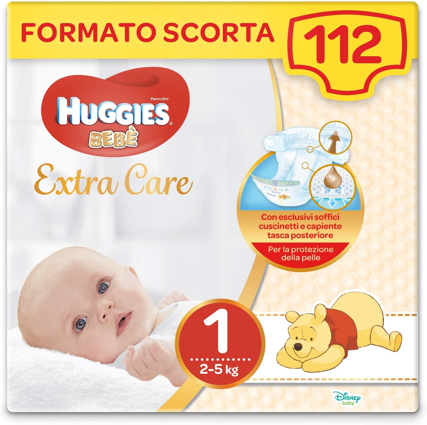 Huggies Extra Care Bebè - Pannolini Taglia 1 (2-5 kg), Confezione da 112 Pezzi (4 x 28)
