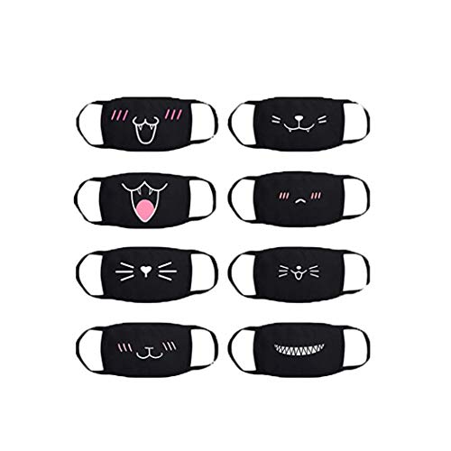 Unbr Confezione da 8 cartoni animati Sweet Cat Pattern Bocca Viso Protettivo Cotone Anti-polvere Moda Kawaii Carino Riutilizzabile e lavabile (nero-Serie Cat)