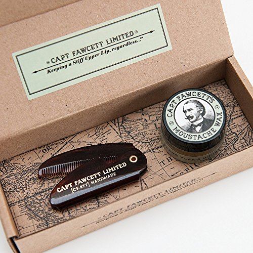 Captain Fawcett's Moustache Wax (Ylang Ylang Scent) & Folding Pocket Moustache Comb (CF.87T) Gift Set - Made in England by Captain Fawcett's