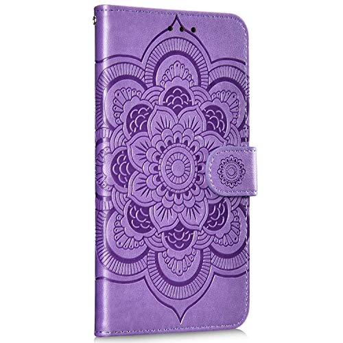 Saceebe Compatibile con Galaxy A7 2018/A750 Custodia pelle Cover a libro Portafoglio Flip Case [Custodia in pelle con fiore mandala e cordino] 360 Grado anteriore e posteriore Pelle Bumper Case,viola