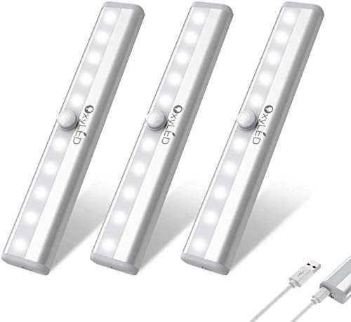 OxyLED Luce sensore di movimento,(10 LED 3 pezzi) Sensore di luce USB ricaricabile,Luce notturna armadio a LED con striscia magnetica, Auto On/Off per mobile, Scale,Specchietto per il trucco