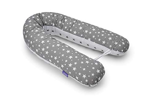 Jukki - Cuscino per allattamento al fianco, XXL, 170 cm, per mamma e bambino, con rivestimento in 100% cotone, motivo: stelle grigie