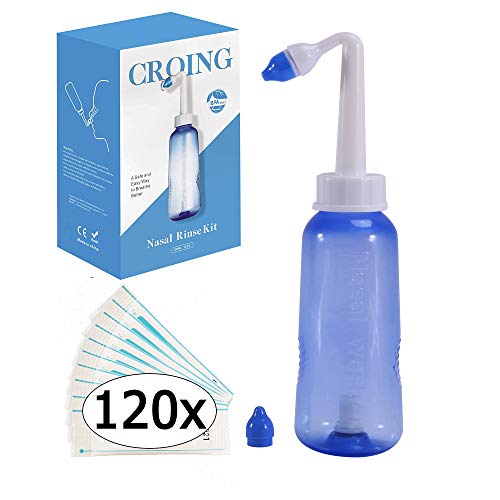 CROING - 120 x Sale + 1 x Neti Lota Bottiglia (300ml ) - Irrigatore Nasale per Lavaggi Nasali Neti Pot per Irrigazione Nasale con due Beccucci- Nasali Sale - Sinus Rinse kit