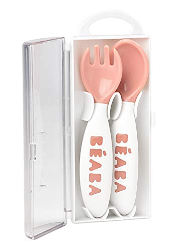 Beaba - Set da 2 posate ergonomiche, 2ª fascia di età, rosa