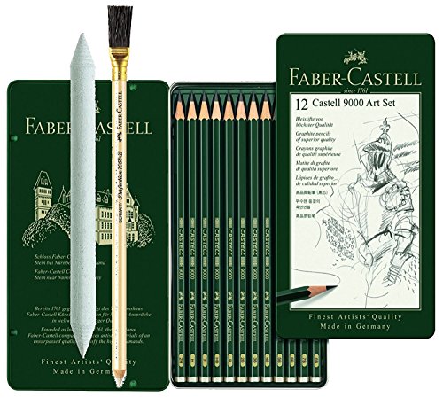 Faber-Castell Castell 9000 119065 – Matita grafite, set da 12 pezzi, contenuto 8B – 2H (se da 12 + sfumino + penna per cancellare)